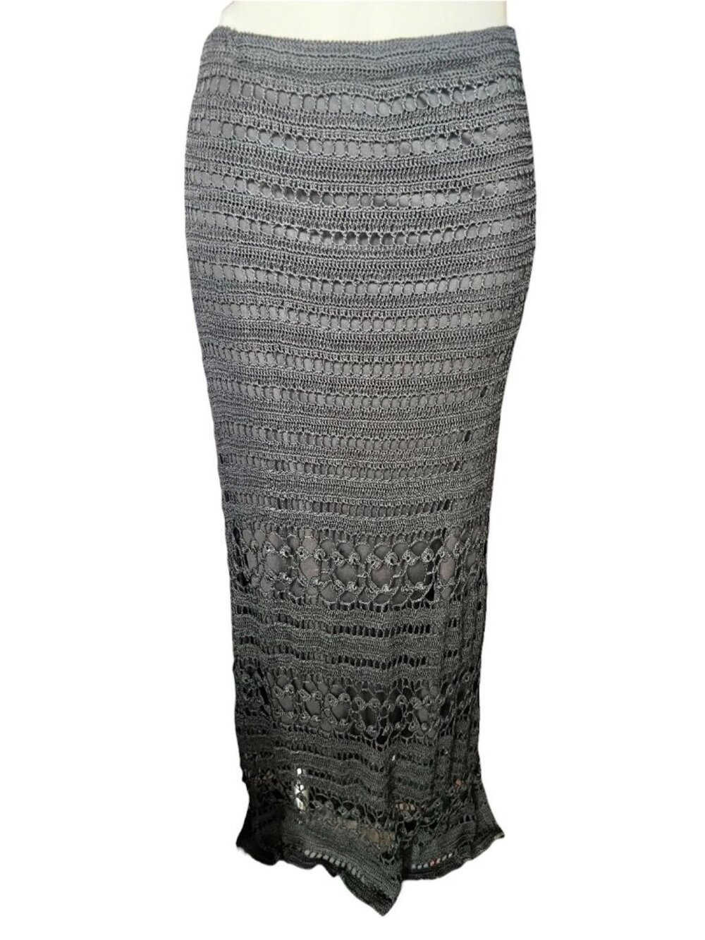 Chicos Maxi Skirt Size 2 Black Crocheted Lace Lined Design 41.5" Length Boho - Picture 3 of 11